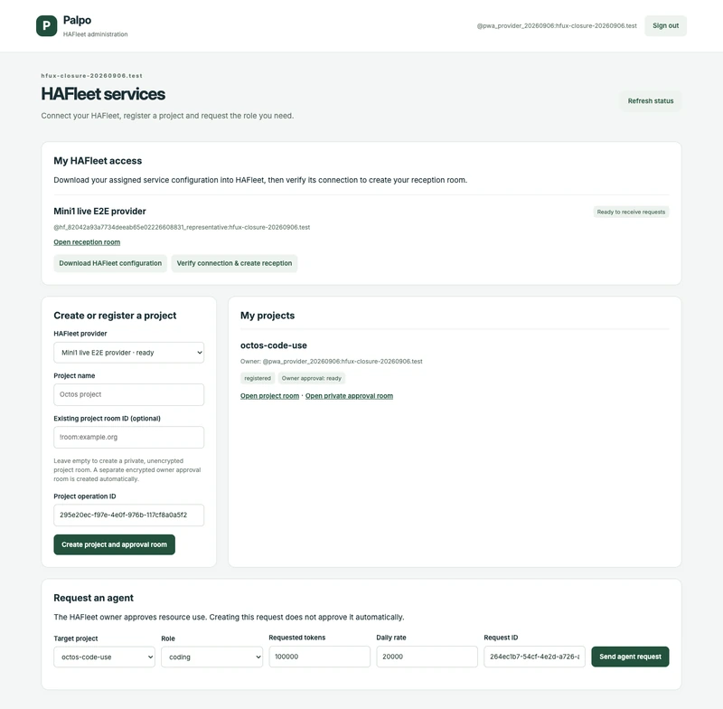 Palpo companion administration page showing a ready Hagency connection, a registered test project, and an agent request form.