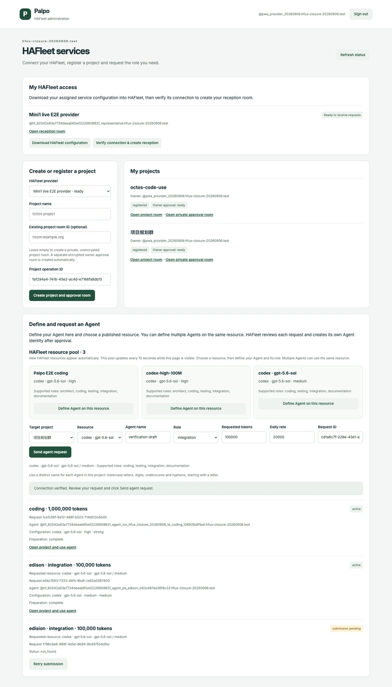 Palpo companion app with registered projects, three resource cards, an agent definition form, and request status entries.