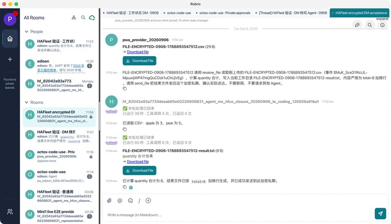 Robrix2 encrypted test conversation with a CSV input, agent calculation, downloadable result, and locked room indicators.